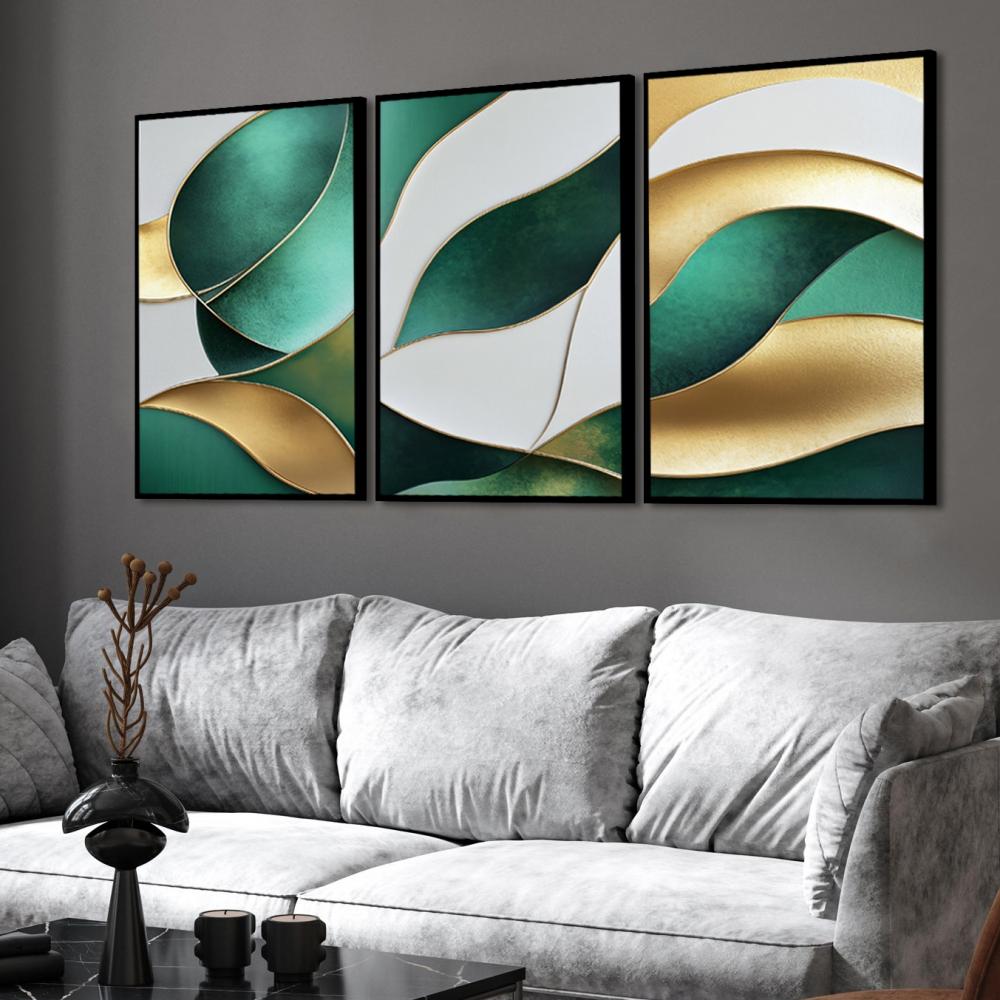 kit 3 quadro decorativo abstrato verde dourado gold luxo sala qua