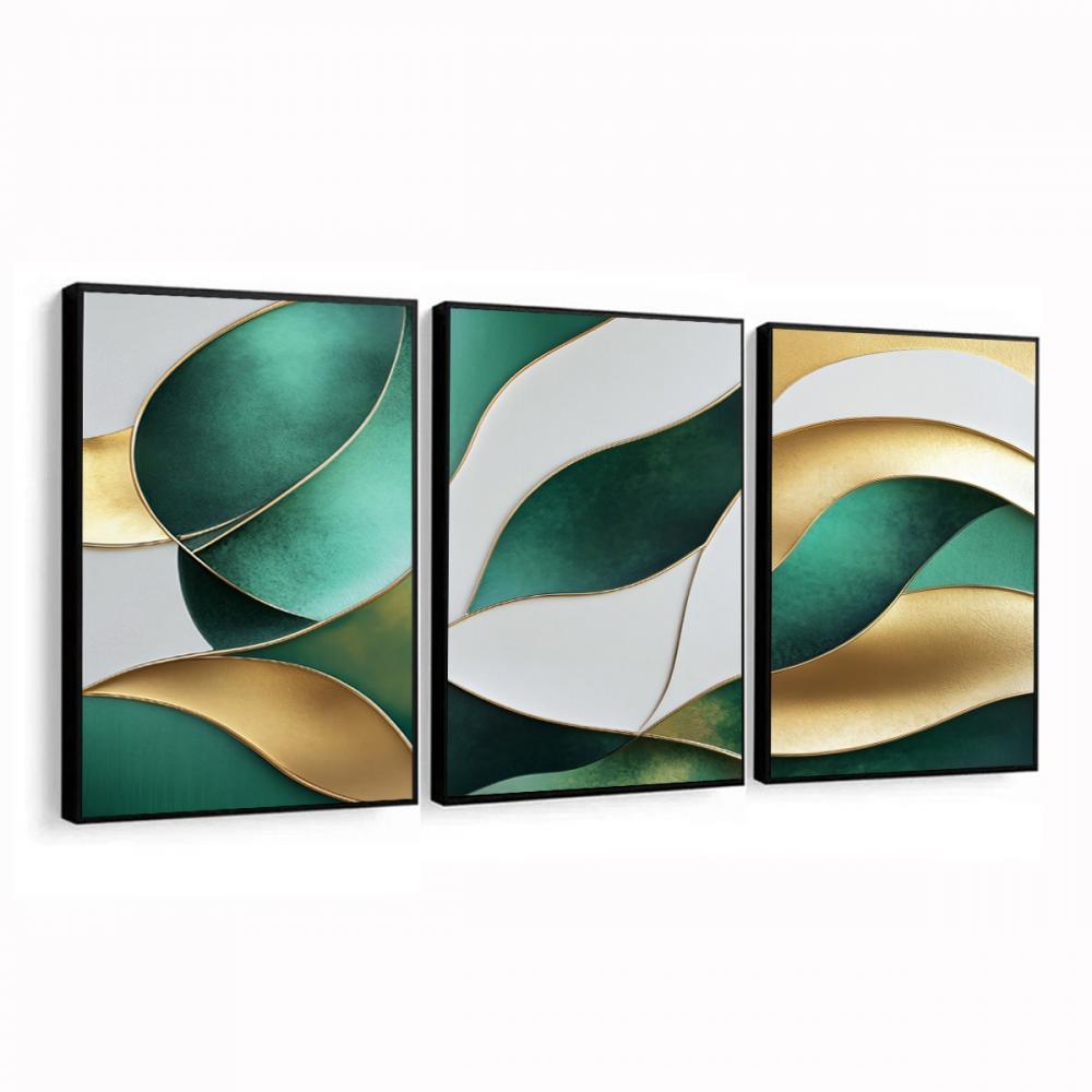 kit 3 quadro decorativo abstrato verde dourado gold luxo sala qua