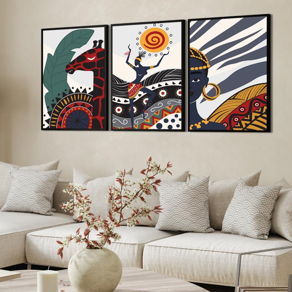 kit 3 quadro decorativo abstrato arte moderna africana luxo decor