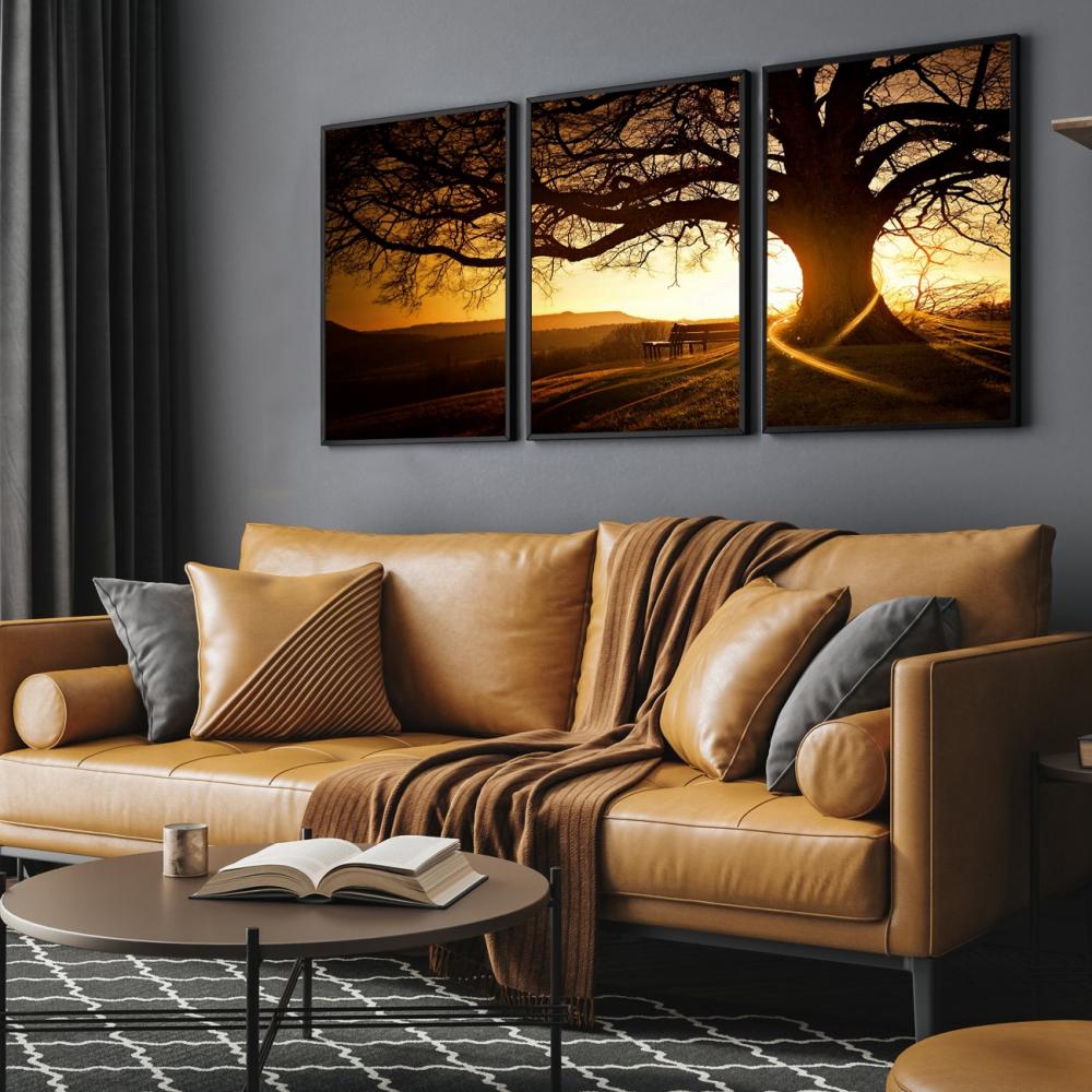 kit 3 quadro decorativo entardecer árvore natureza bosque sítio