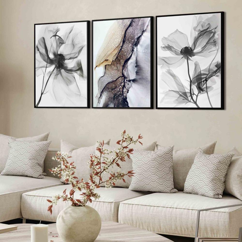 kit 3 quadro decorativo flores preto mármore claras folhas decor