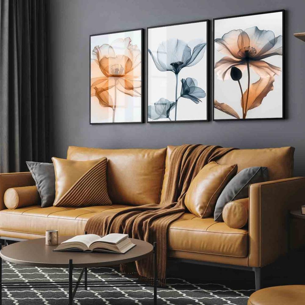 kit 3 quadro decorativo flores laranja colorido gold folhas trio 