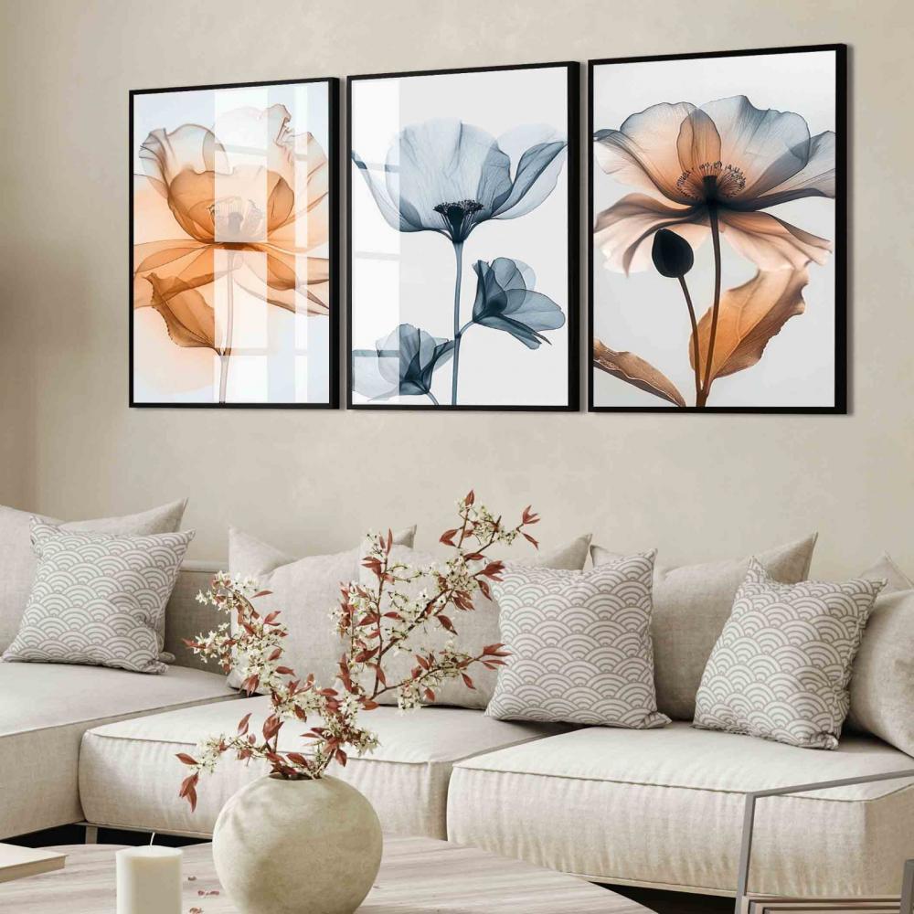kit 3 quadro decorativo flores laranja colorido gold folhas trio 