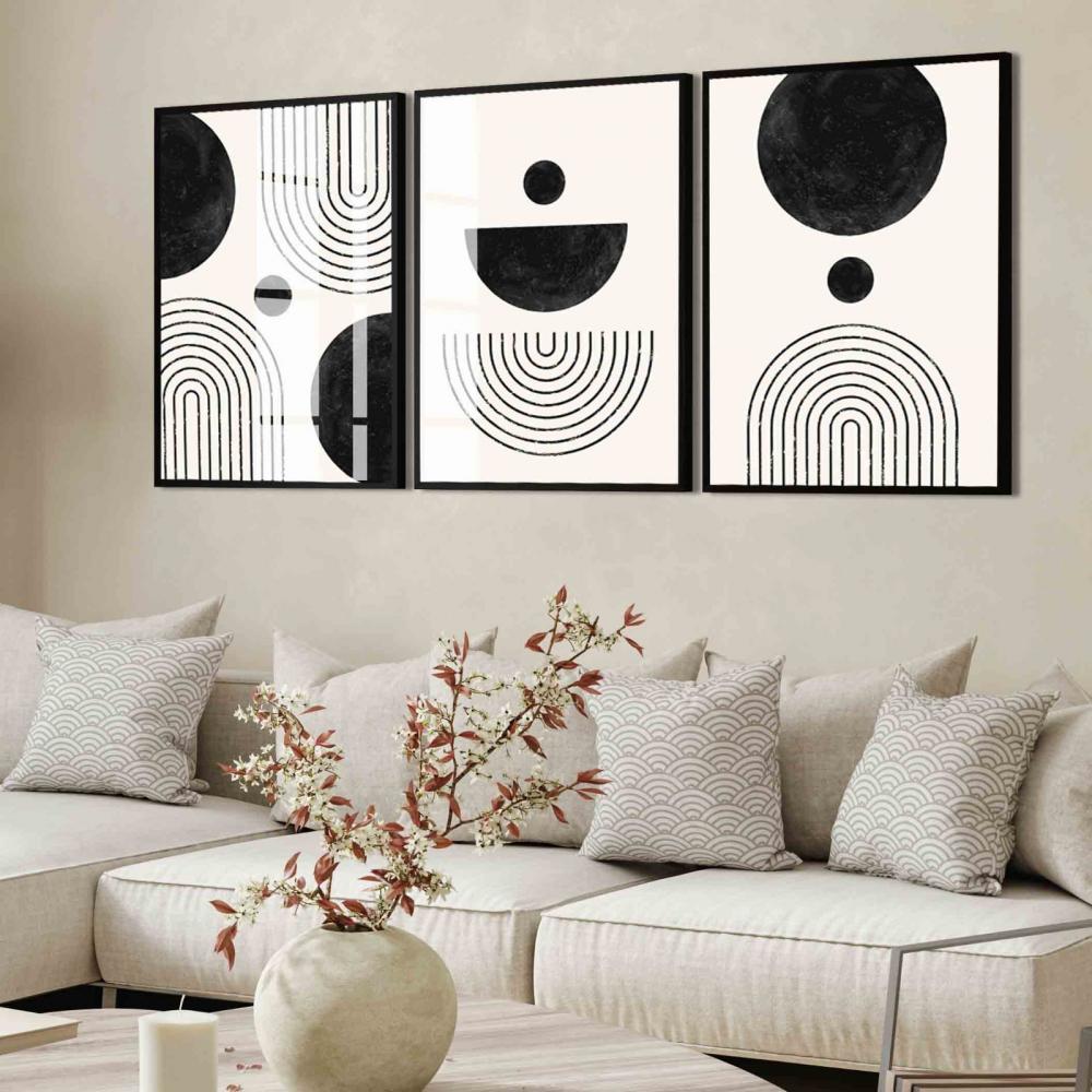 kit 3 quadro decorativo abstrato preto mármore trio luxo decor s