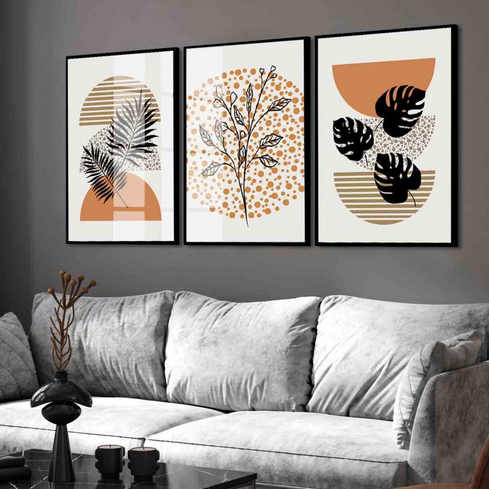 kit 3 quadro decorativo abstrato folhas tons terrosos sala decor 