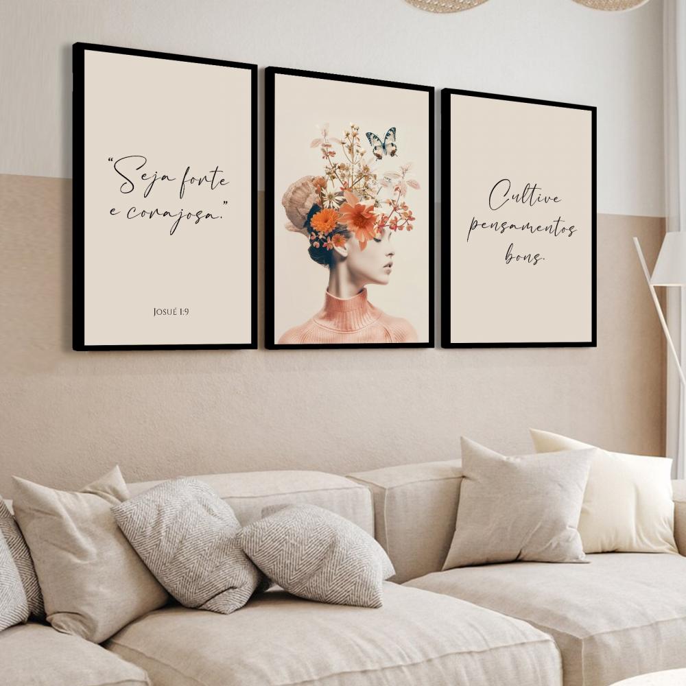 kit 3 quadro decorativo mulher florida colorido gold folhas trio 