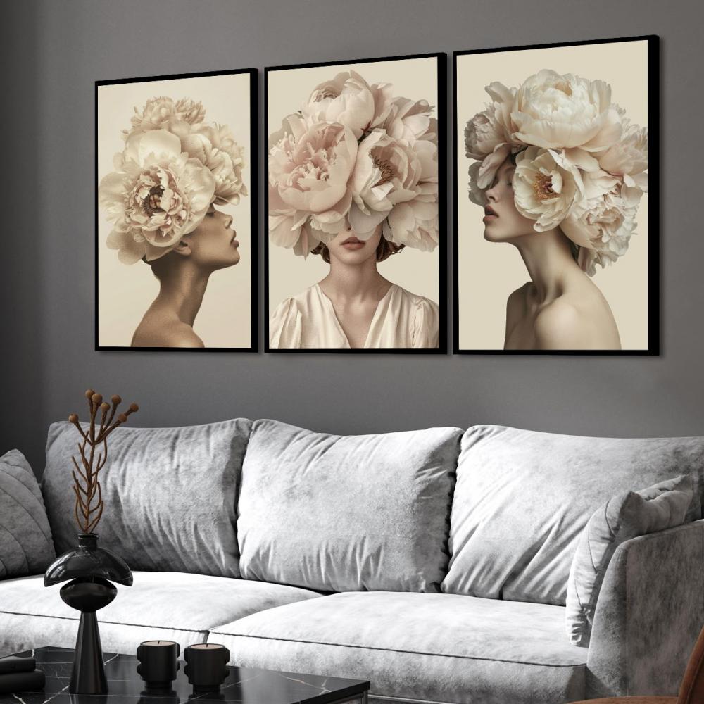 kit 3 quadro decorativo mulheres florida fashion gold folhas trio