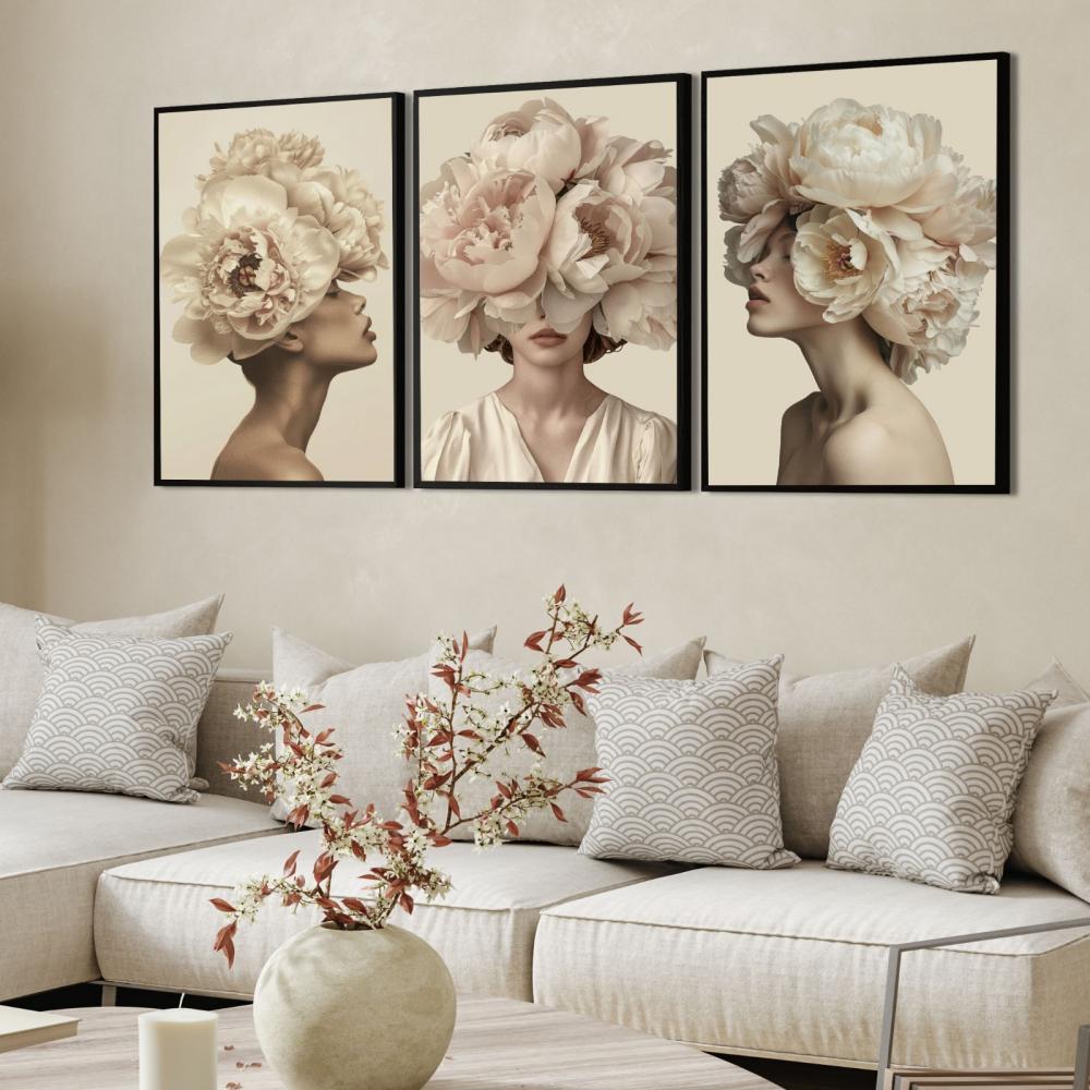 kit 3 quadro decorativo mulheres florida fashion gold folhas trio