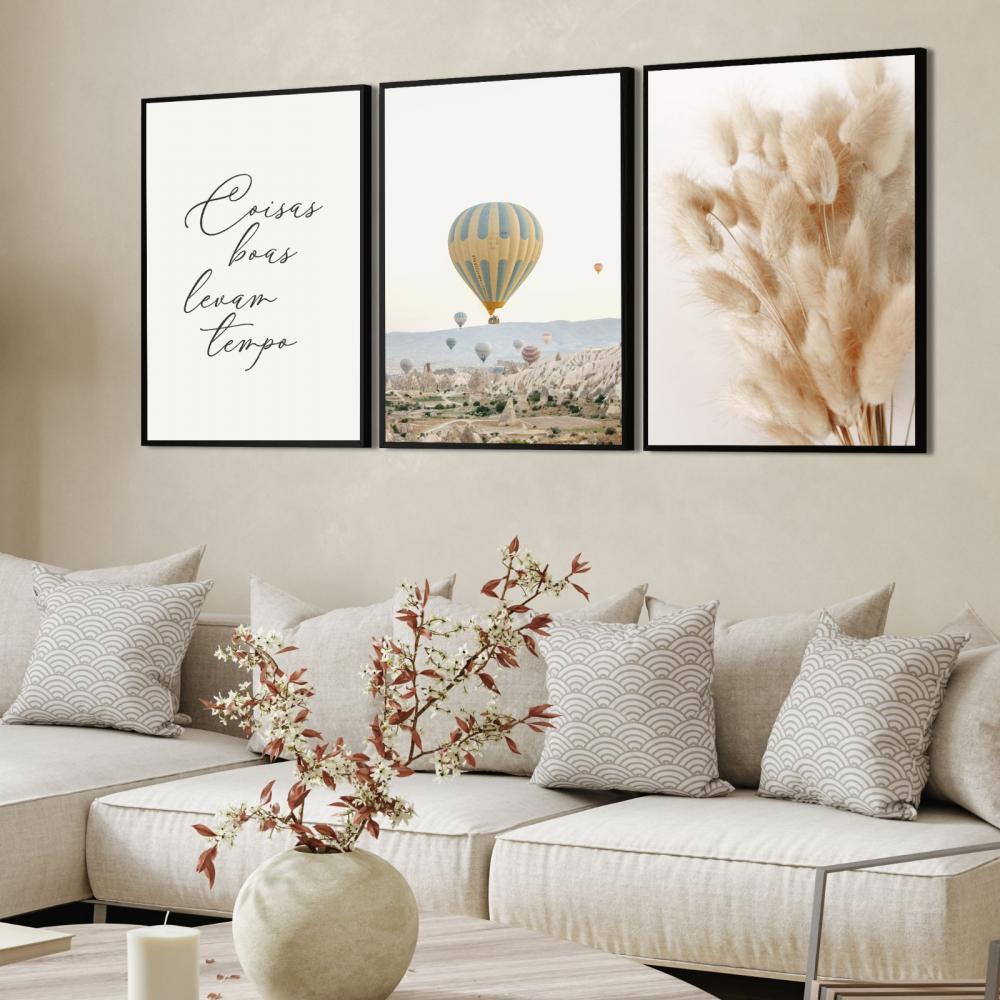kit 3 quadro decorativo capim dos pampas balão frase folhas de t