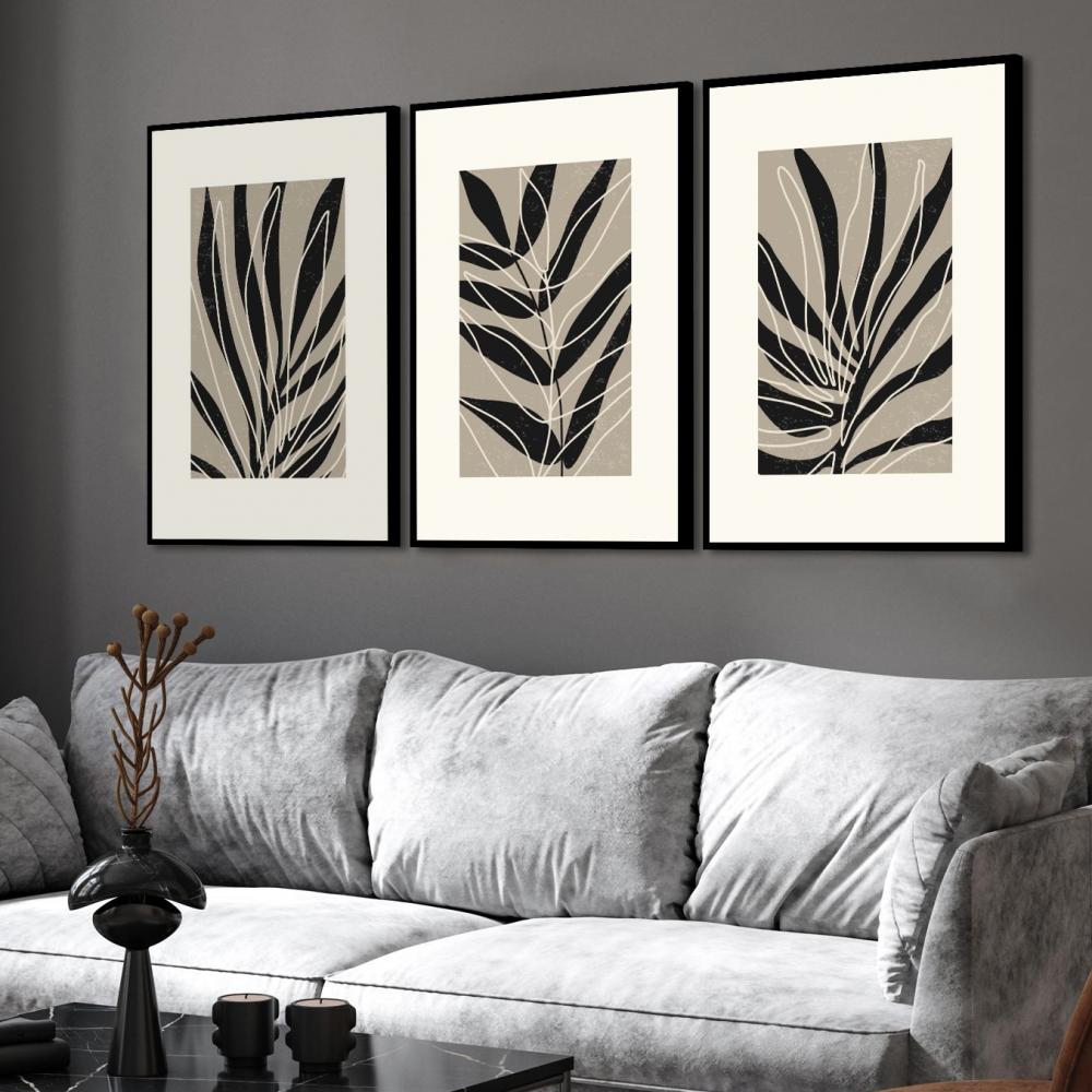 kit 3 quadro decorativo abstrato folhas galhos trio luxo decor sa
