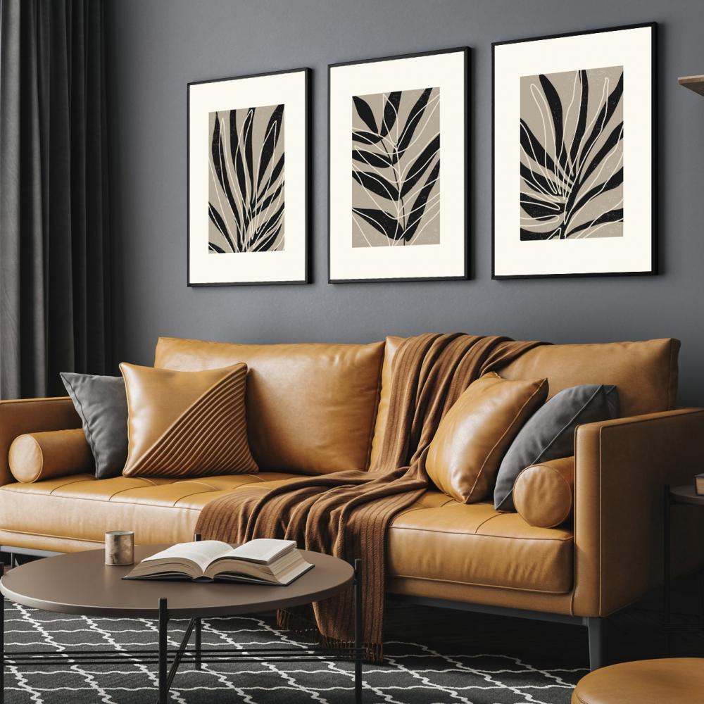 kit 3 quadro decorativo abstrato folhas galhos trio luxo decor sa