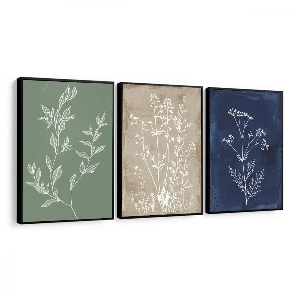 kit 3 quadro decorativo abstrato colorido folhas galhos trio luxo