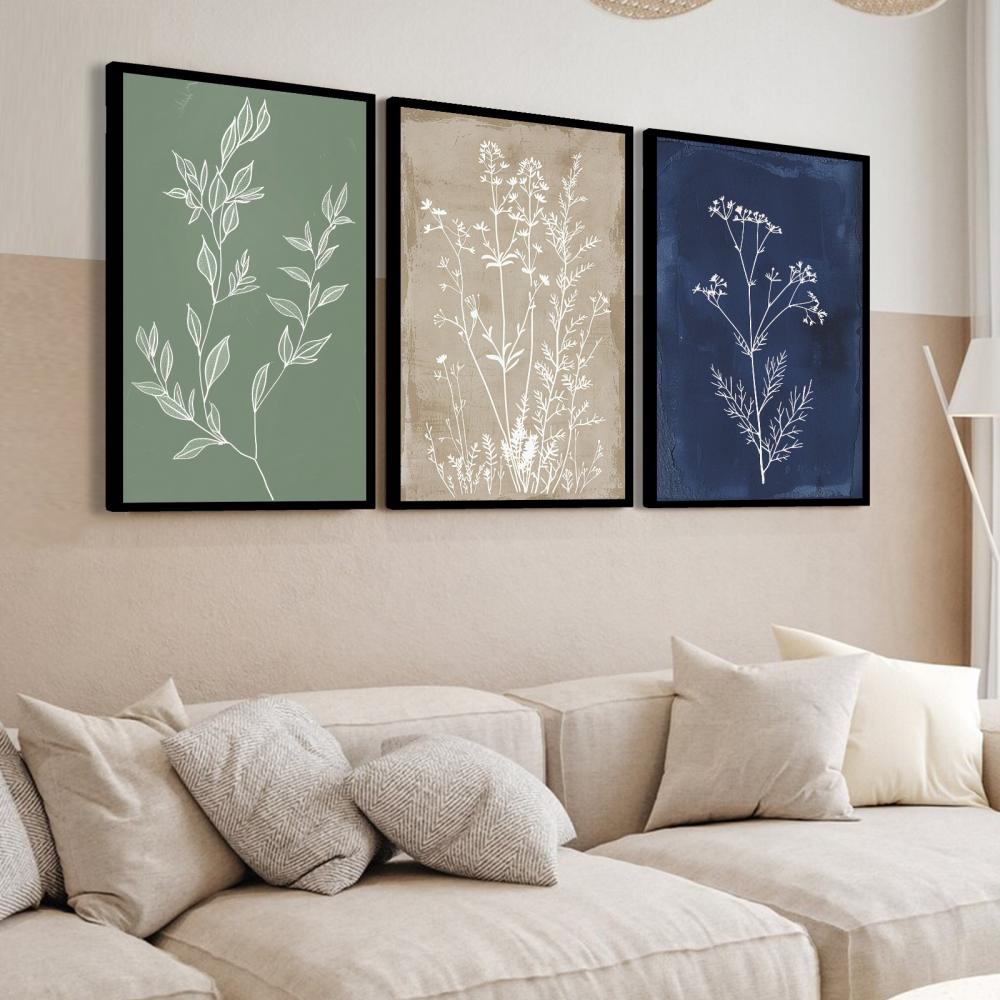 kit 3 quadro decorativo abstrato colorido folhas galhos trio luxo