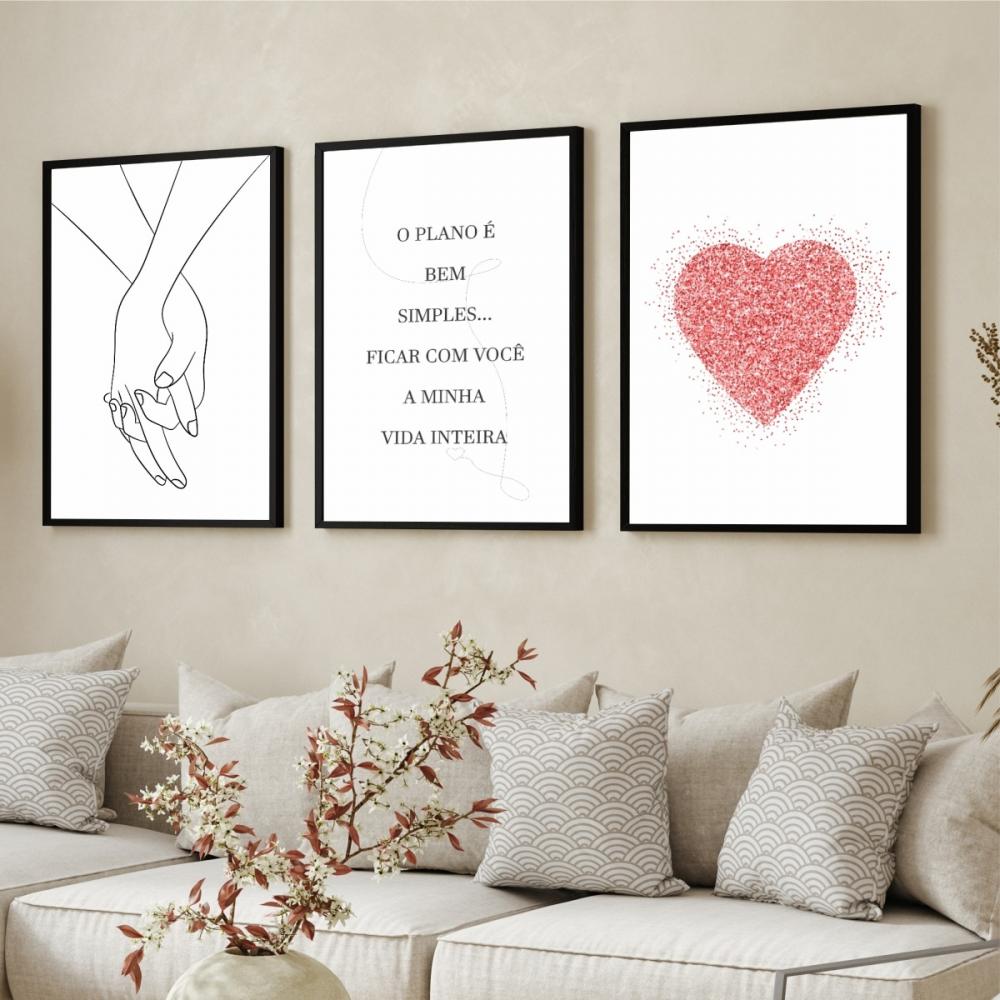 kit 3 quadro decorativo casal romantico mãos dadas coração dec