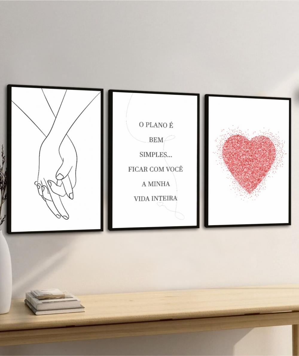 kit 3 quadro decorativo casal romantico mãos dadas coração dec