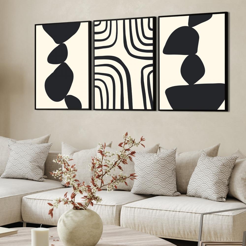 kit 3 quadro decorativo abstrato preto mármore trio luxo decor s