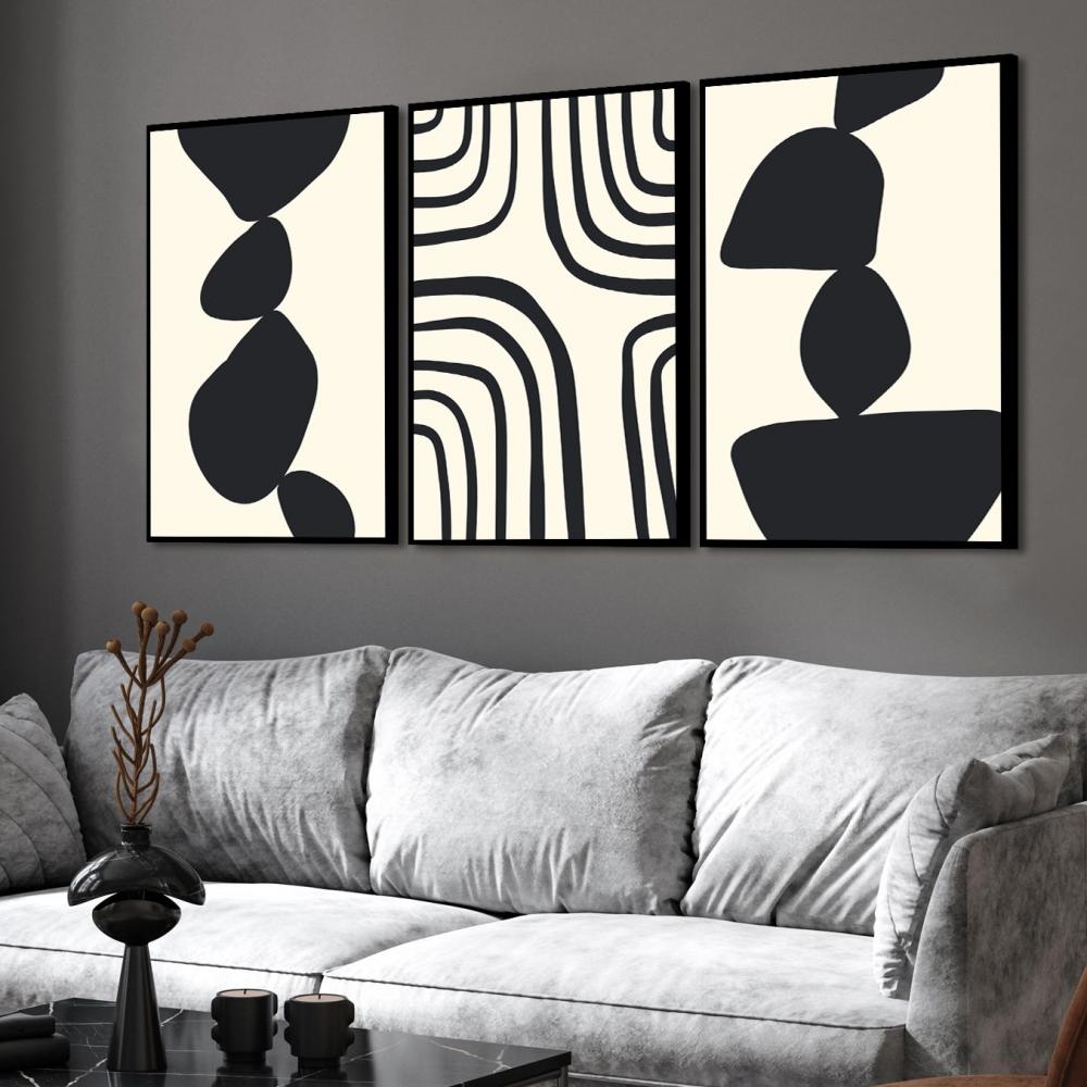 kit 3 quadro decorativo abstrato preto mármore trio luxo decor s