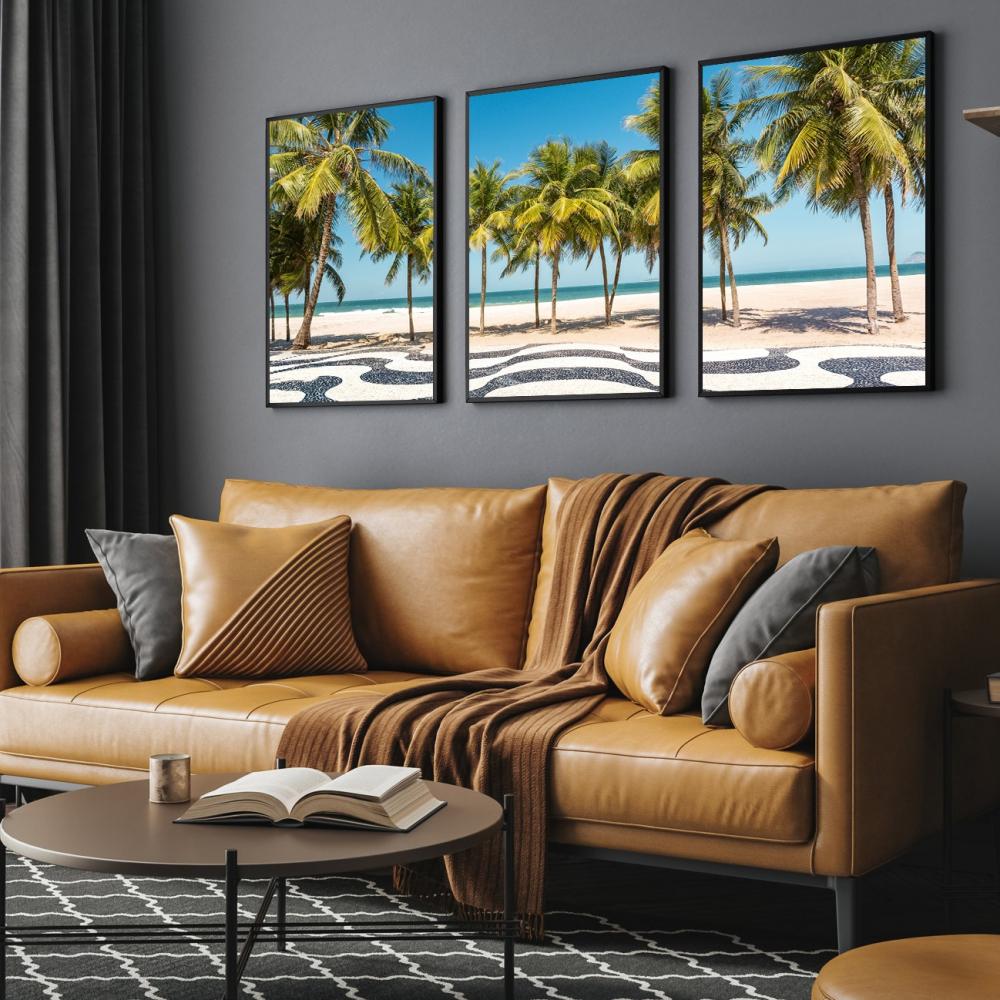kit 3 quadro decorativo rio de janeiro praia ipanema coqueiros qu