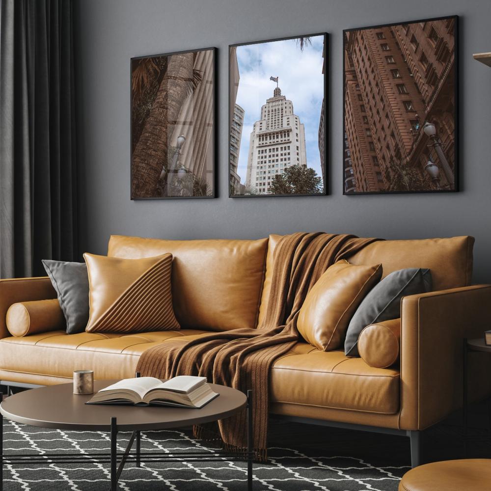 kit 3 quadro decorativo prédios nova york ruas luxo com molduras