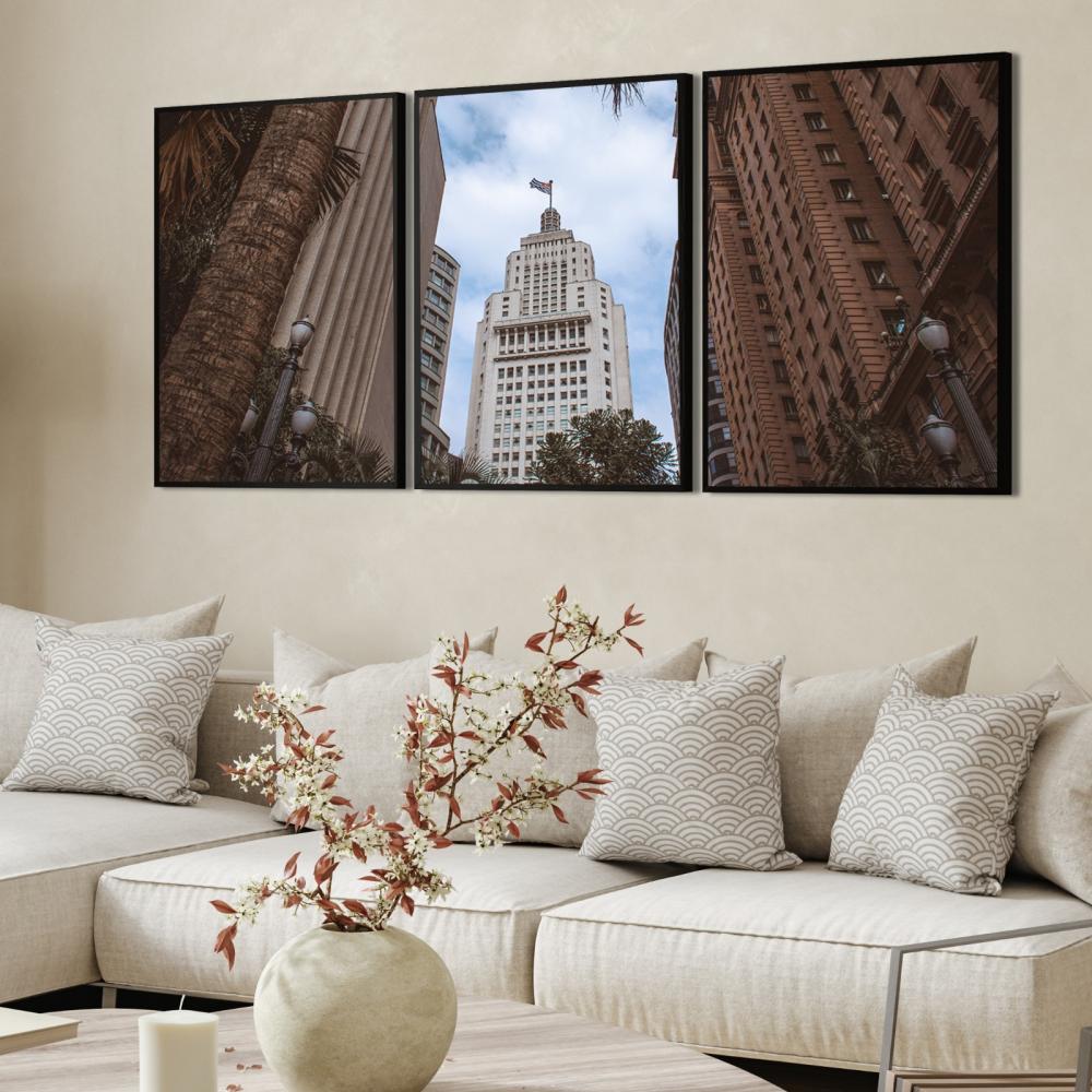 kit 3 quadro decorativo prédios nova york ruas luxo com molduras