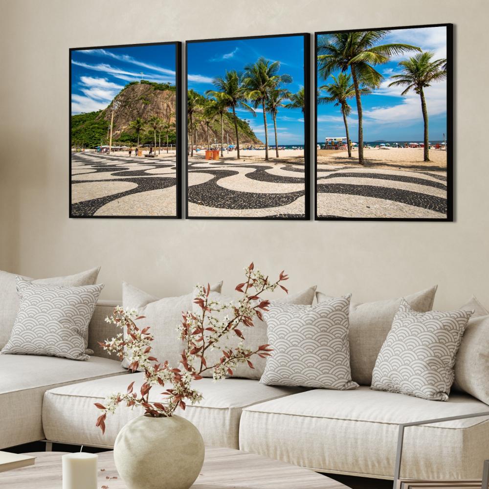 kit 3 quadro decorativo rio de janeiro praia ipanema coqueiros qu