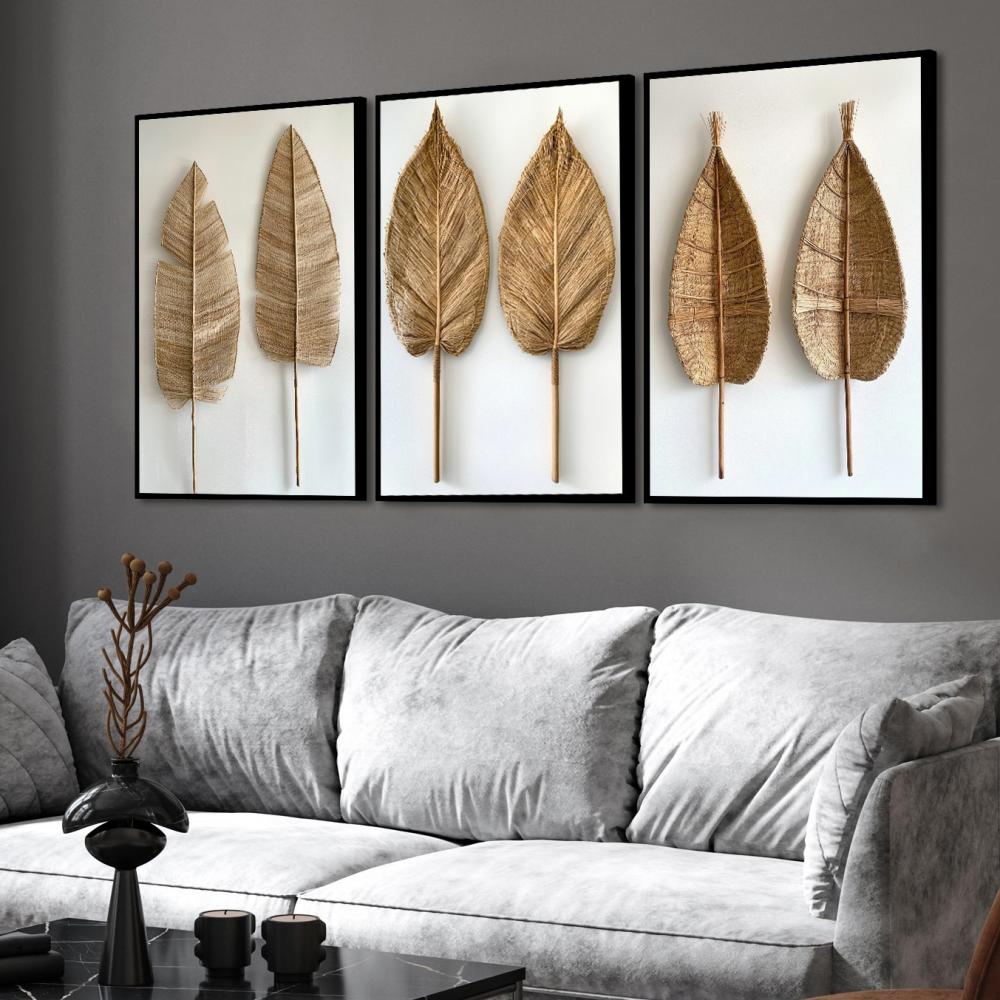 kit 3 quadro decorativo abstrato folhas douradas folhagem dourada