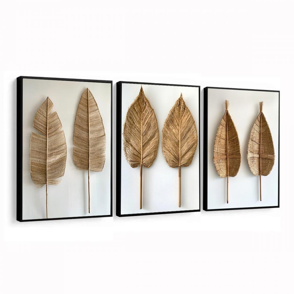 kit 3 quadro decorativo abstrato folhas douradas folhagem dourada