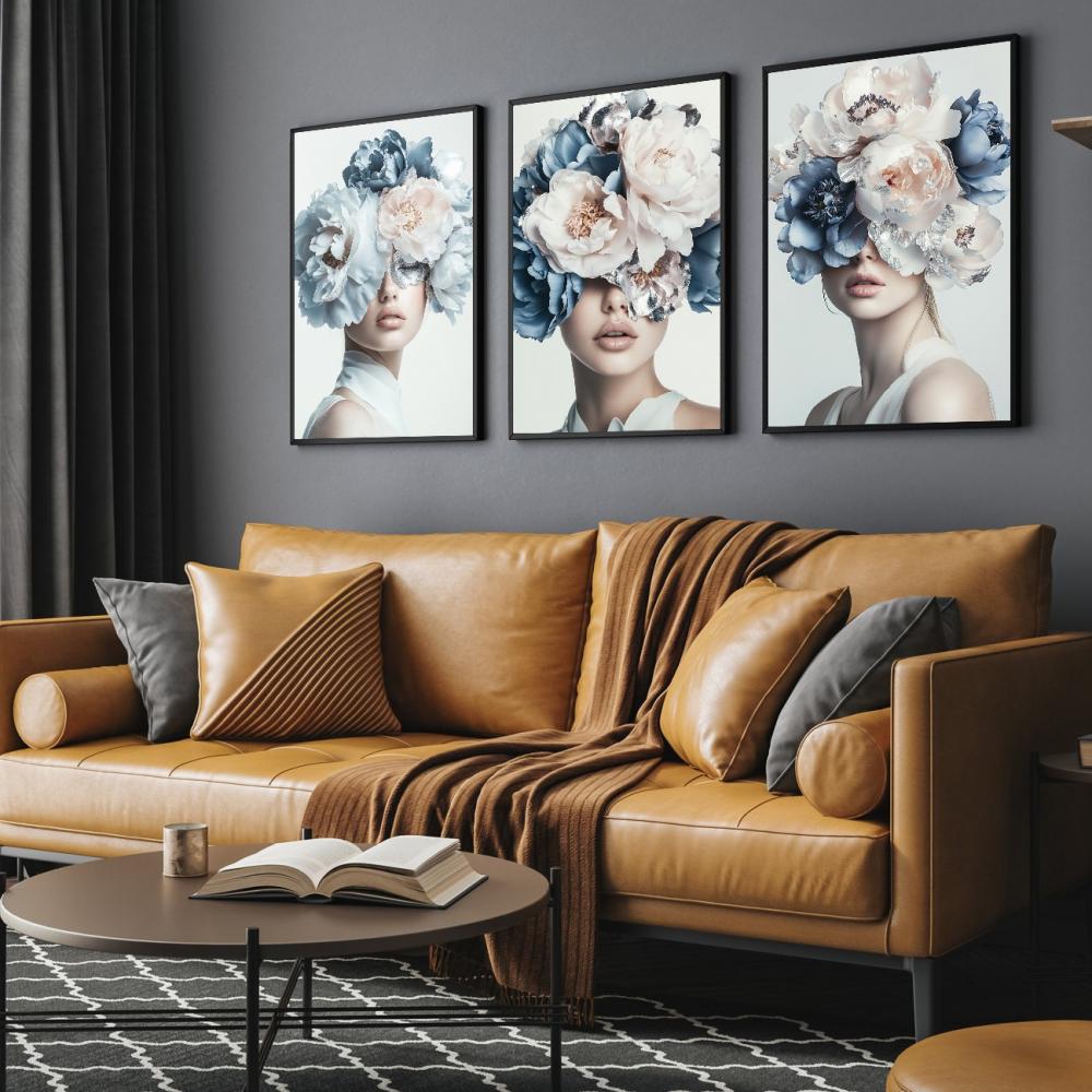 kit 3 quadro decorativo mulheres florida azul fashion gold folhas