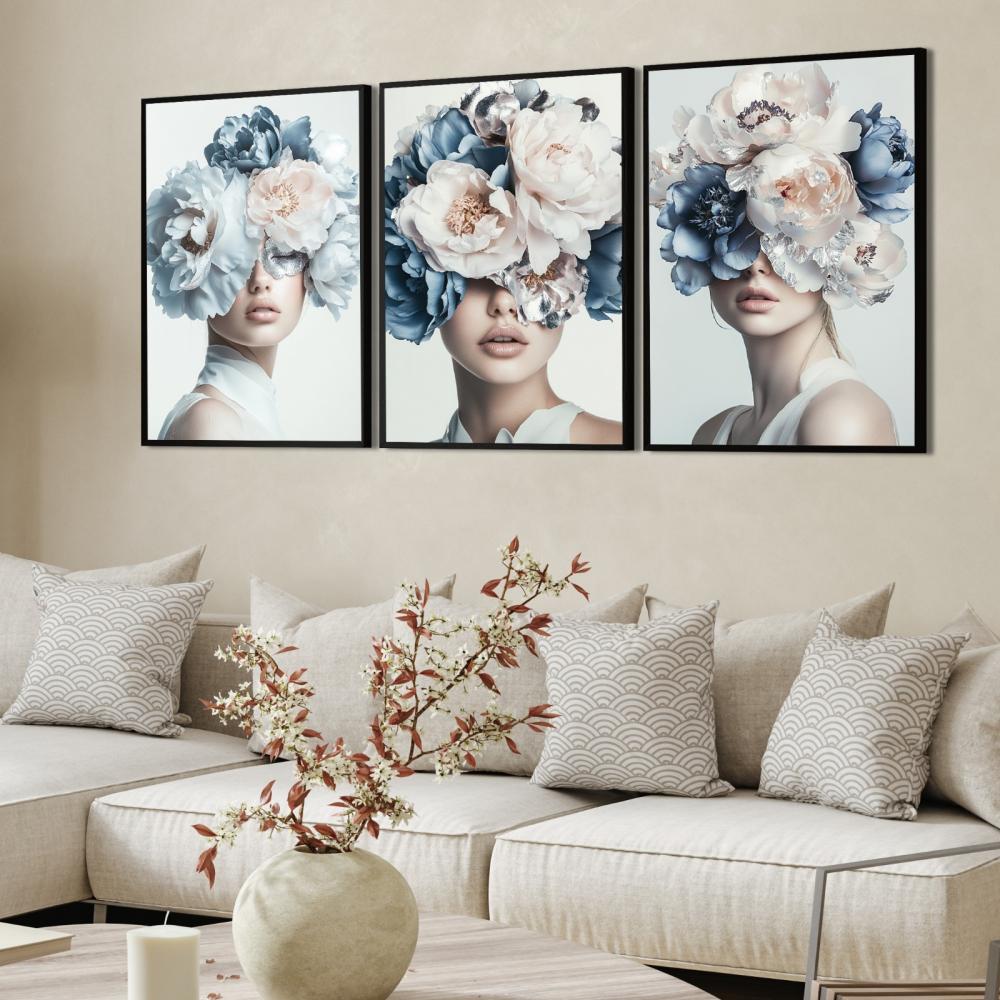 kit 3 quadro decorativo mulheres florida azul fashion gold folhas