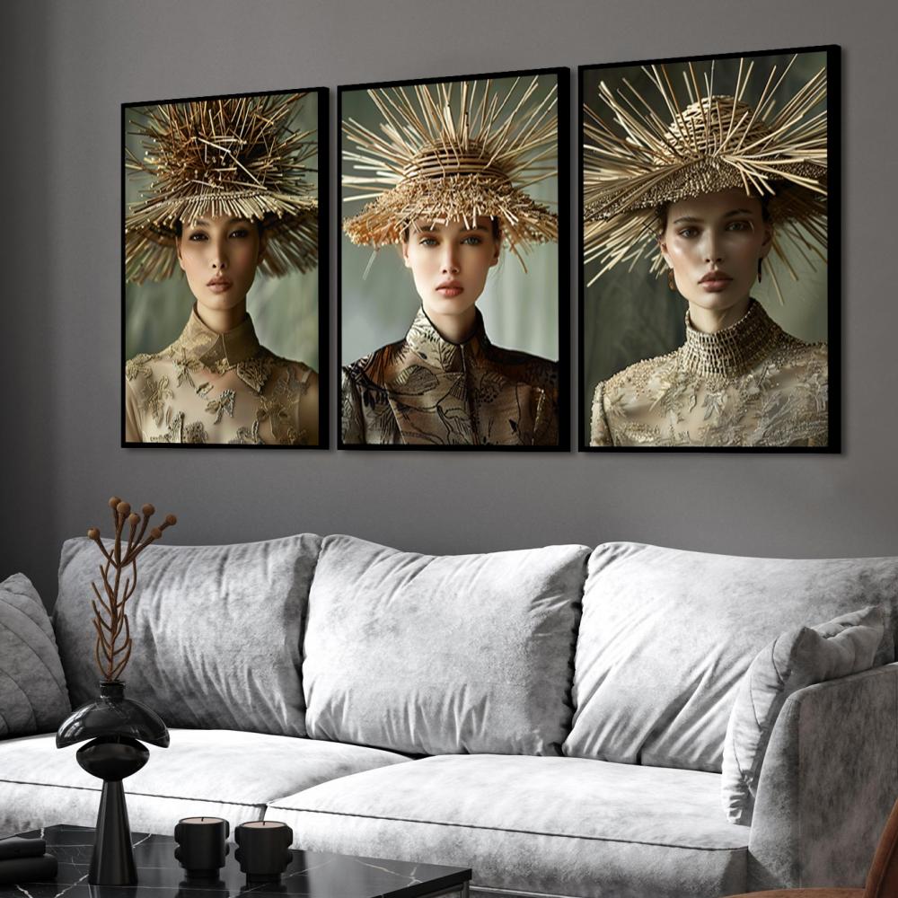 kit 3 quadro decorativo mulheres fashion boho gold folhas trio lu