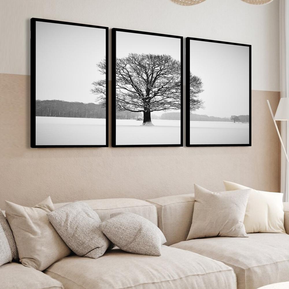 kit 3 quadro decorativo árvore preto e branco natureza bosque s?