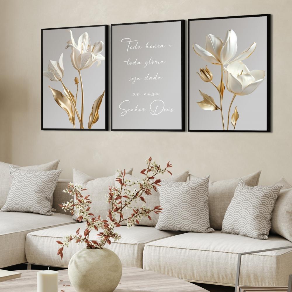 kit 3 quadro decorativo flores brancas folhas tons claros frase p