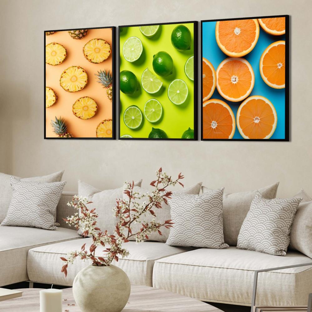 kit 3 quadro decorativo frutas laranja limão abacaxi bar bebidas