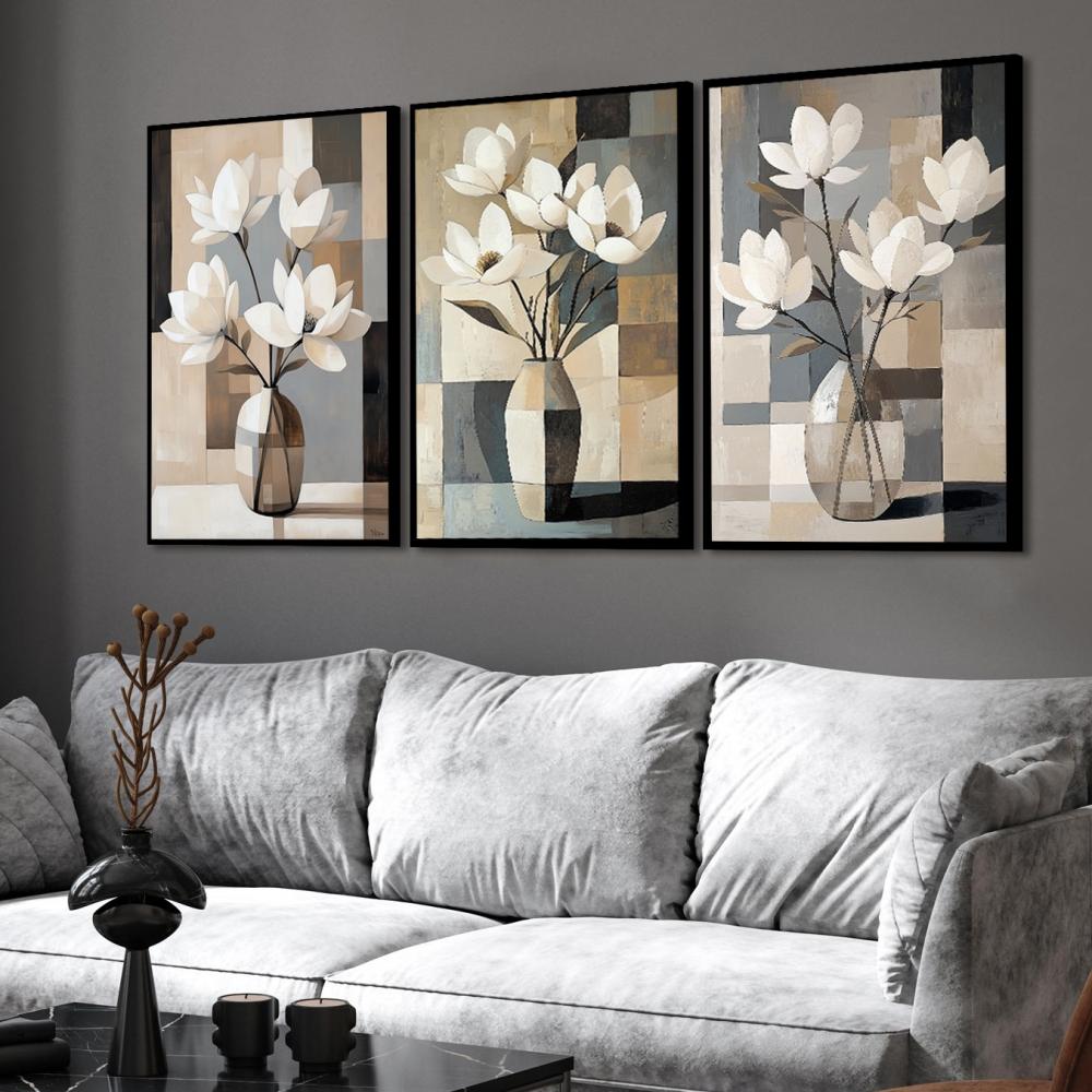 kit 3 quadro decorativo vaso de flores brancas folhas tons claros