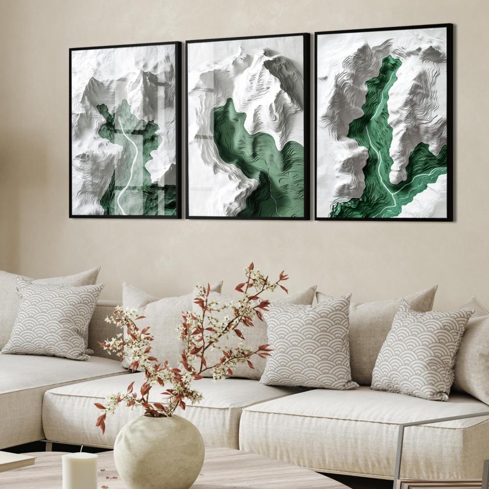 kit 3 quadro decorativo abstrato verde cinza gold luxo sala quart