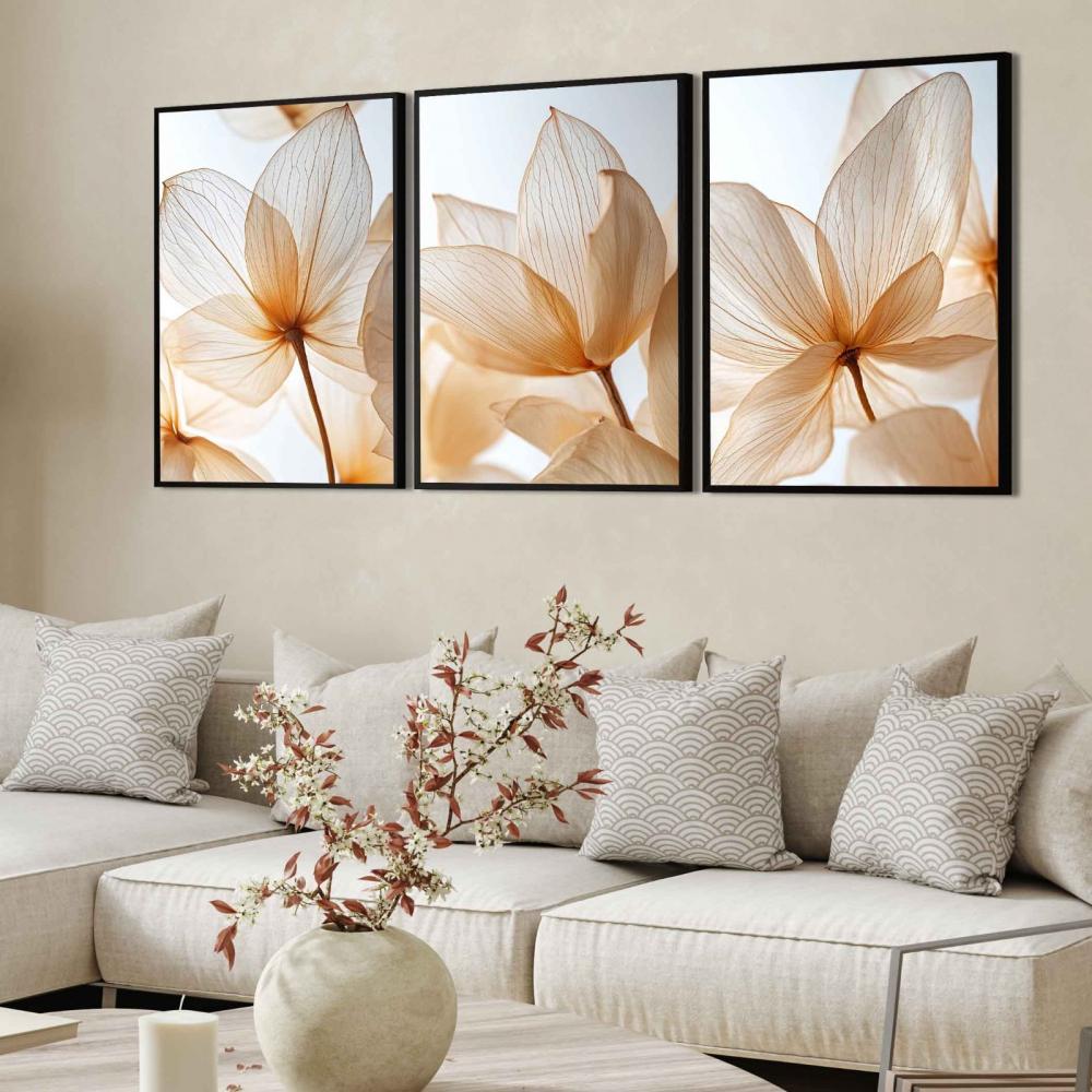 kit 3 quadro decorativo flores claras alaranjadas folhas tons pas