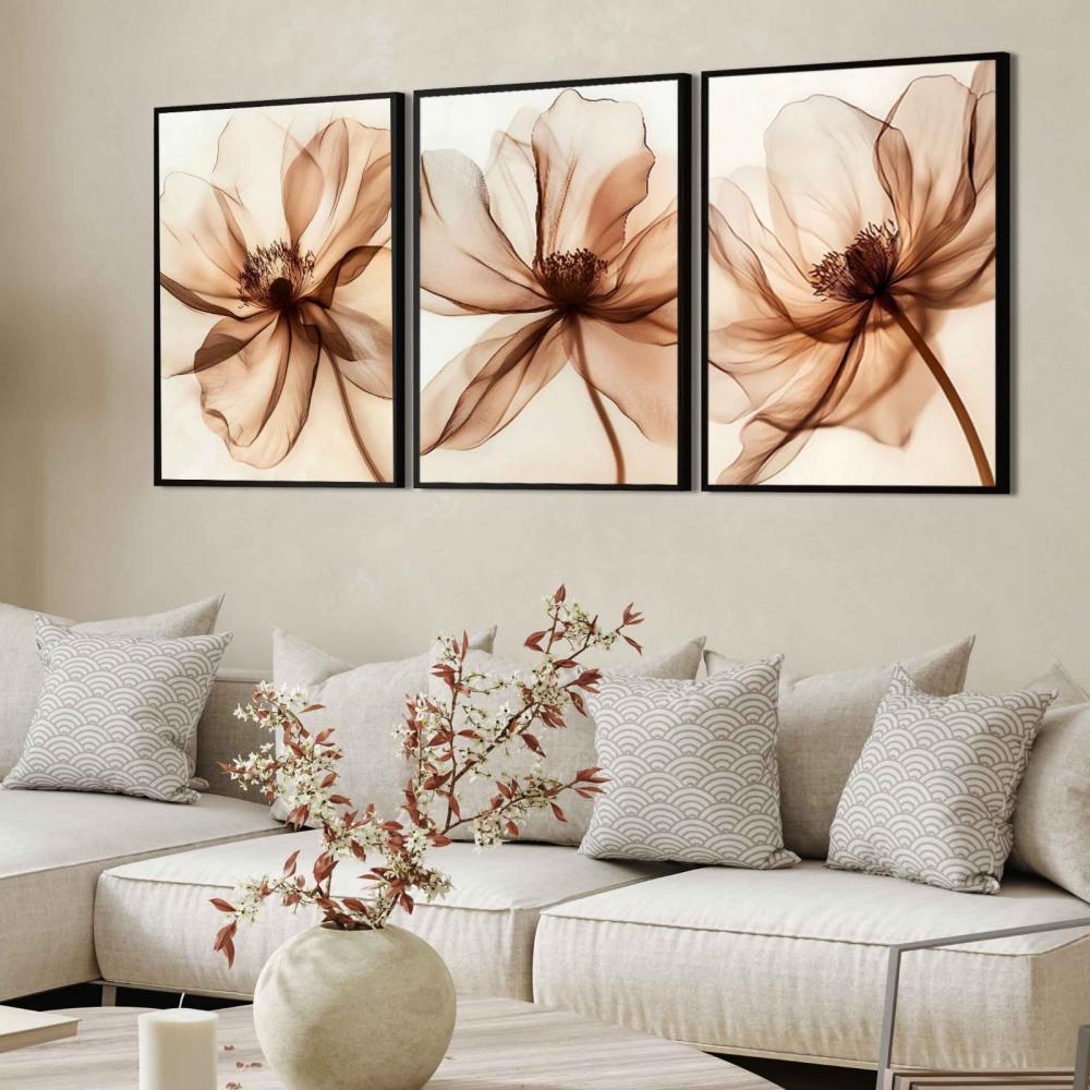 kit 3 quadro decorativo flores claras alaranjadas folhas tons pas