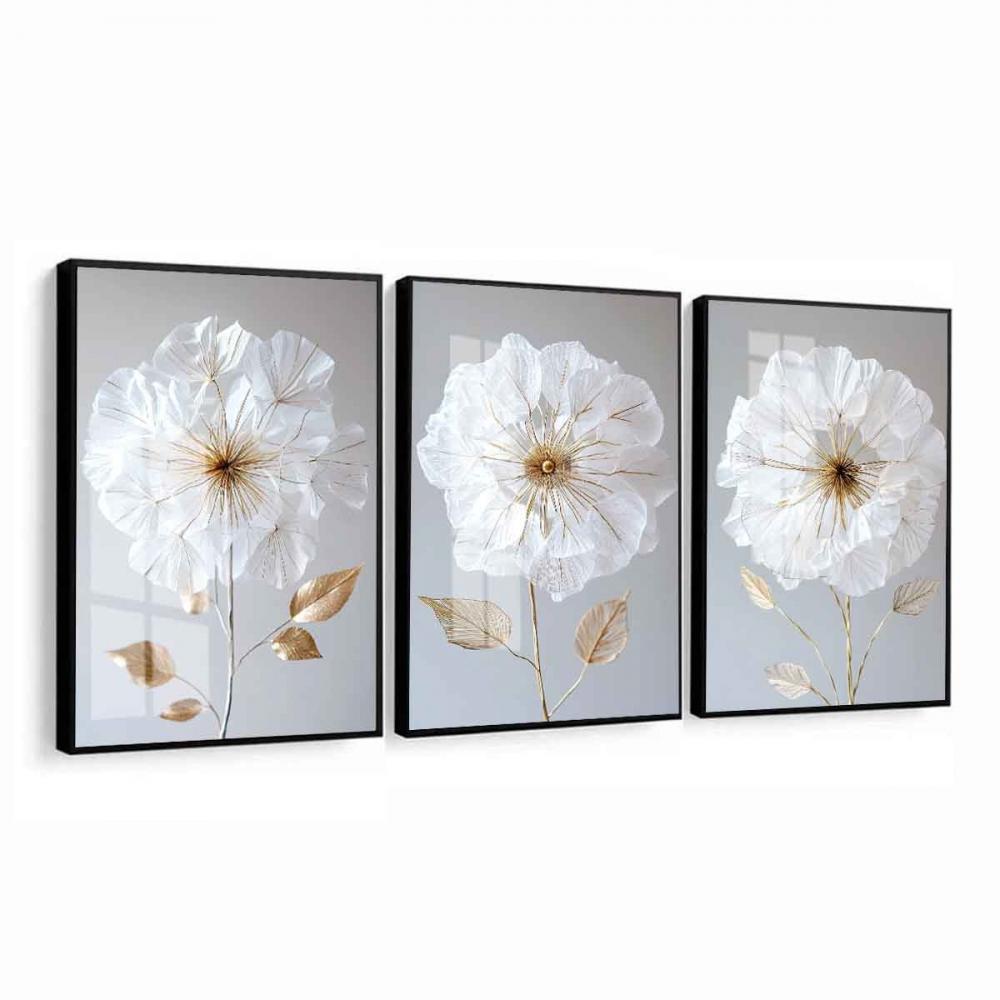 kit 3 quadro decorativo flores brancas folhas tons claros trio de