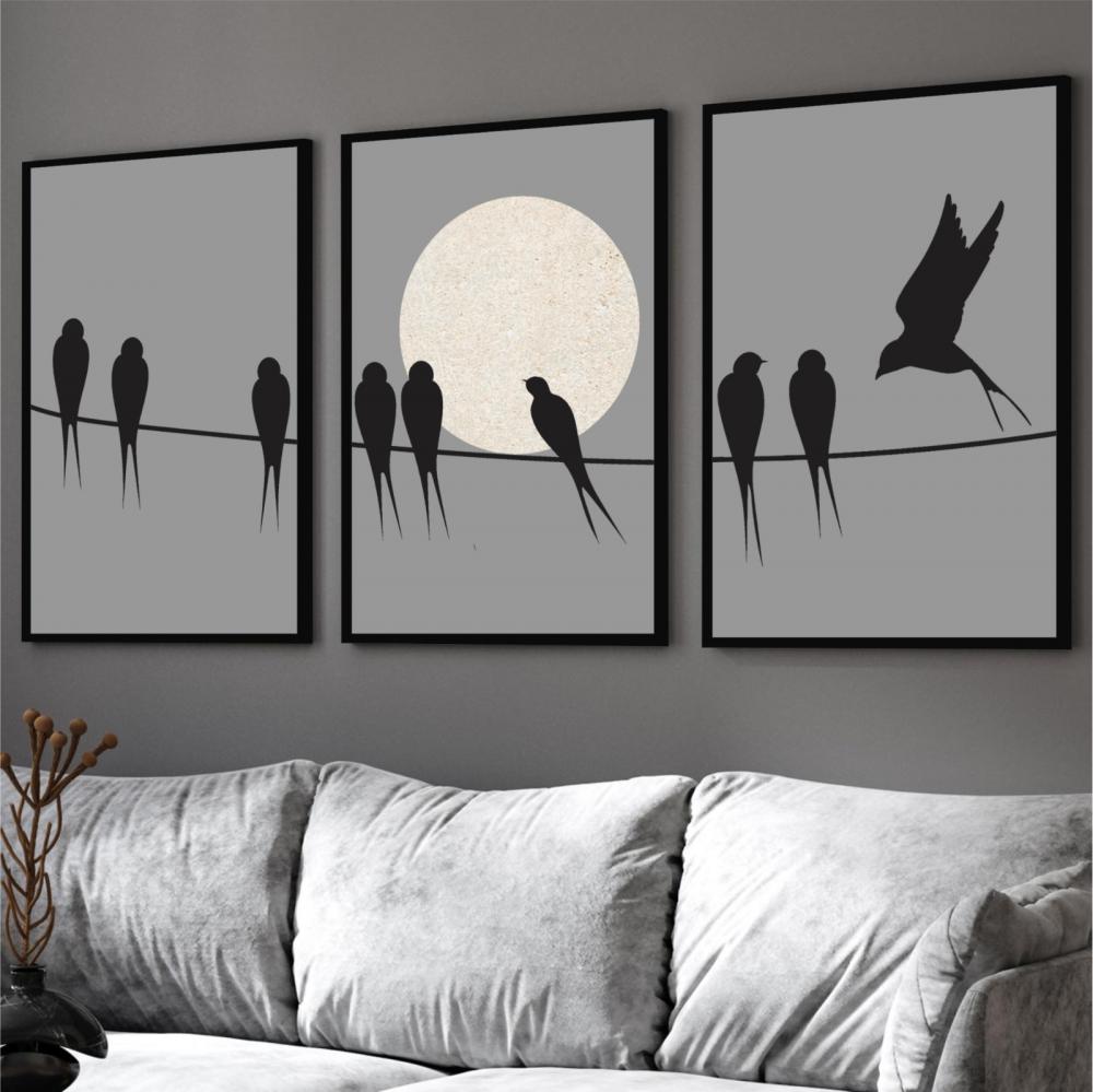 kit 3 quadro decorativo passarinhos galhos luar pássaros sala de