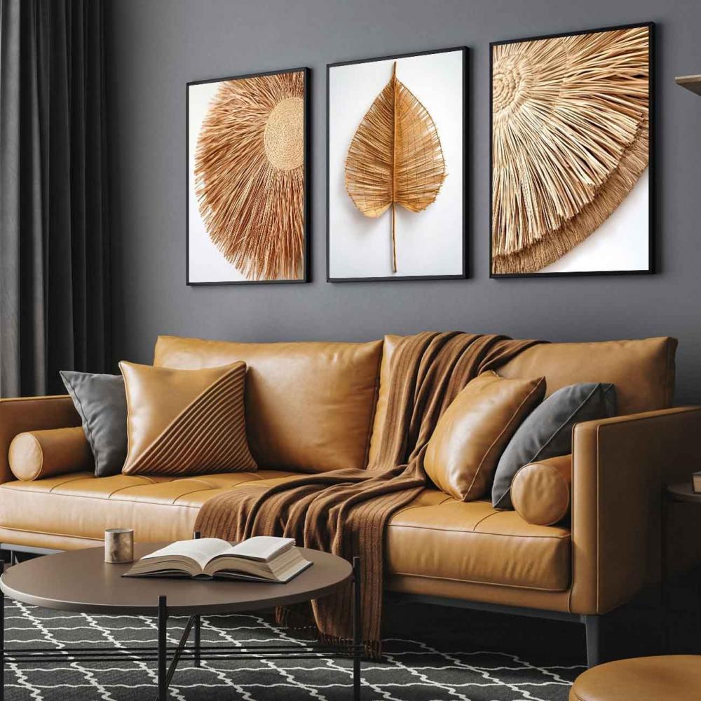 kit 3 quadro decorativo  folhas douradas folhagem dourada luxo de
