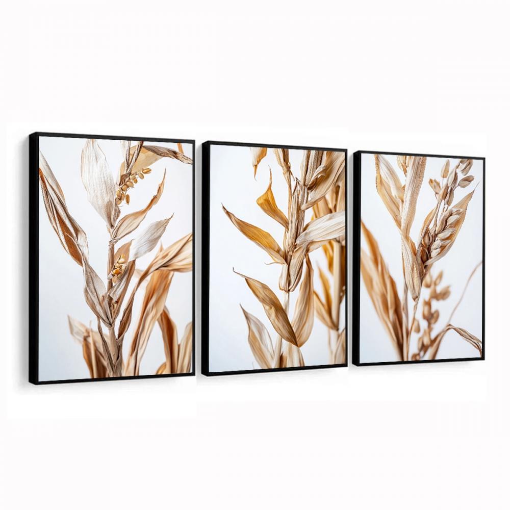 kit 3 quadro decorativo  folhas douradas folhagem dourada galhos 