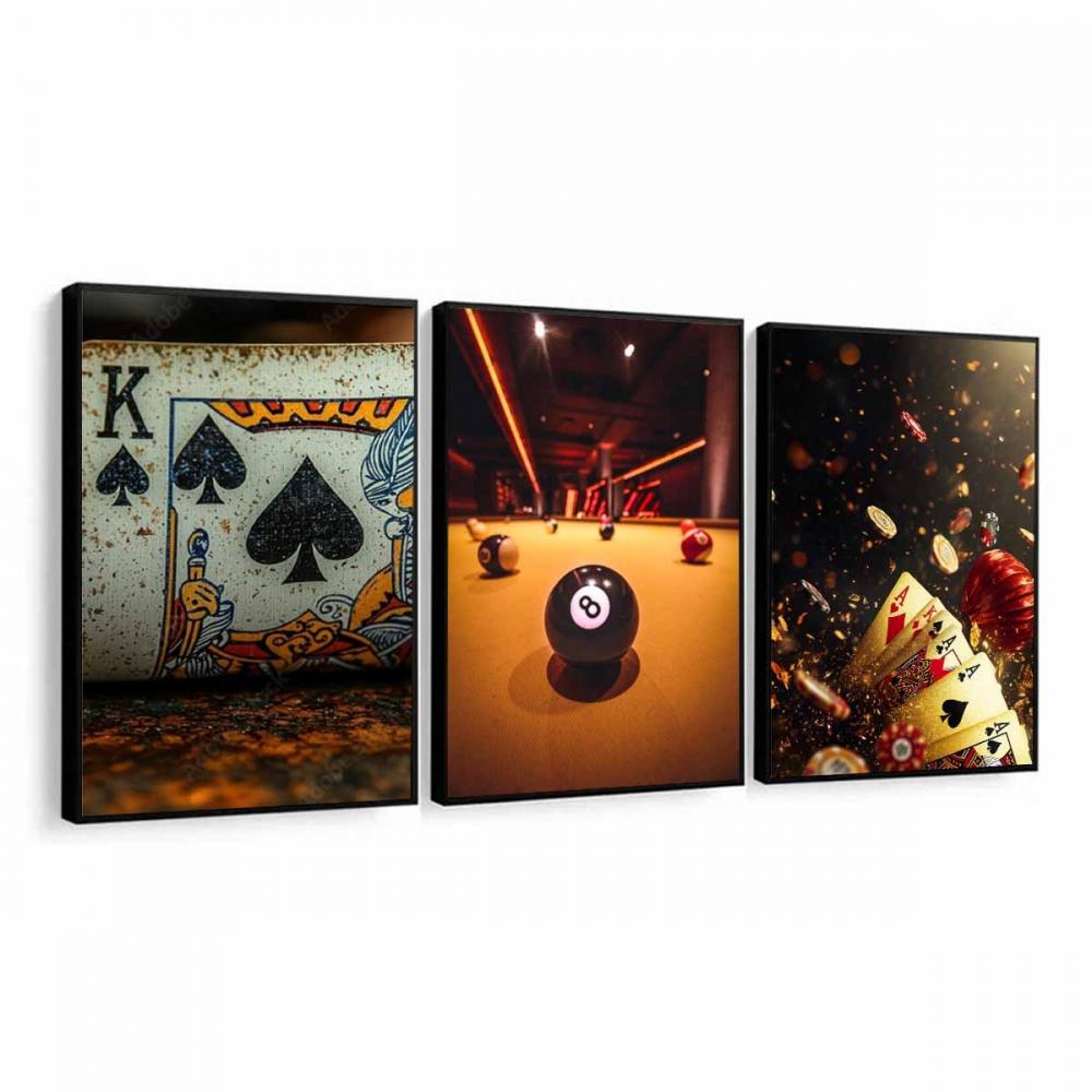 kit 3 quadro decorativo baralho jogo de cartas sinuca decor sala 