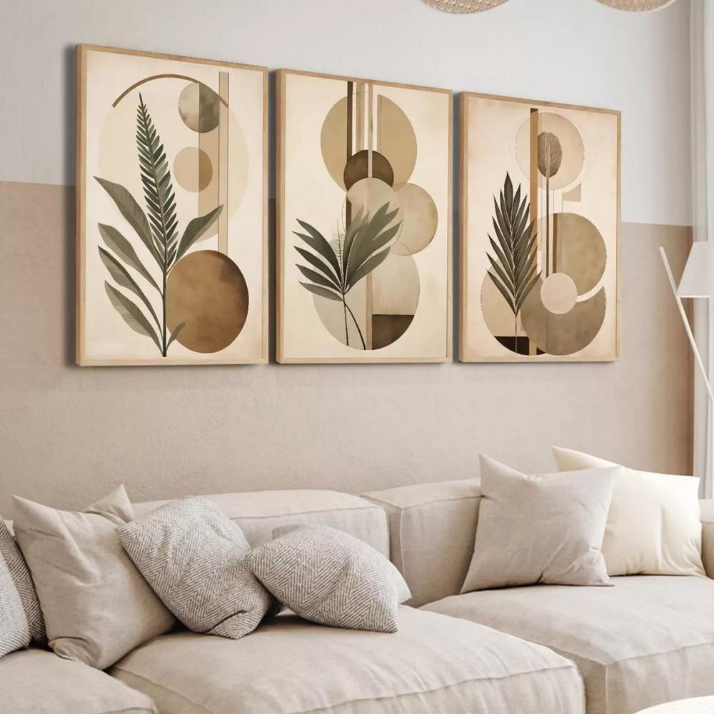 kit 3 quadro decorativo tons pastéis abstrato folhas verdes luxo