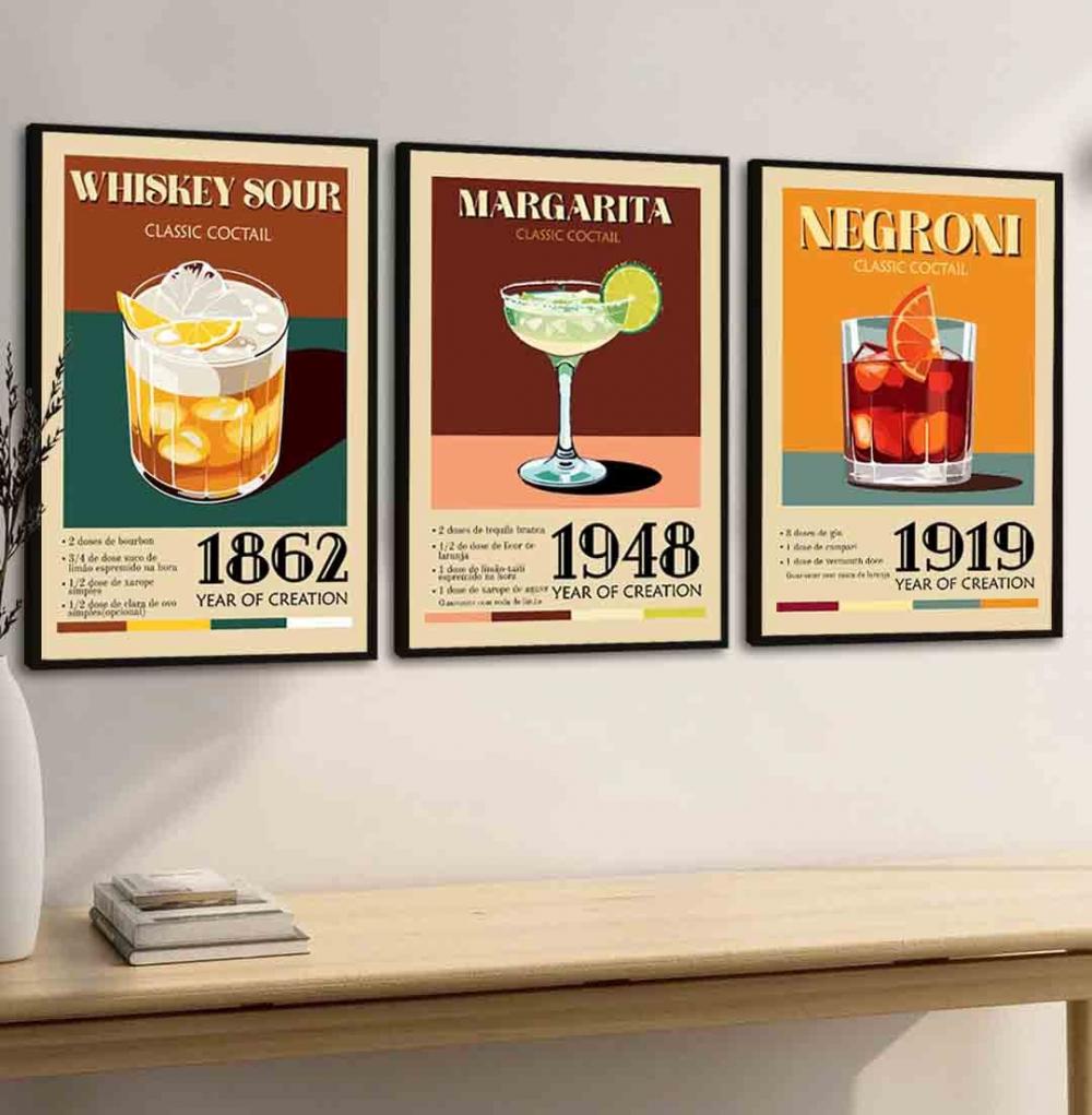 kit 3 quadro decorativo drinks bar bebidas decor para cozinha com