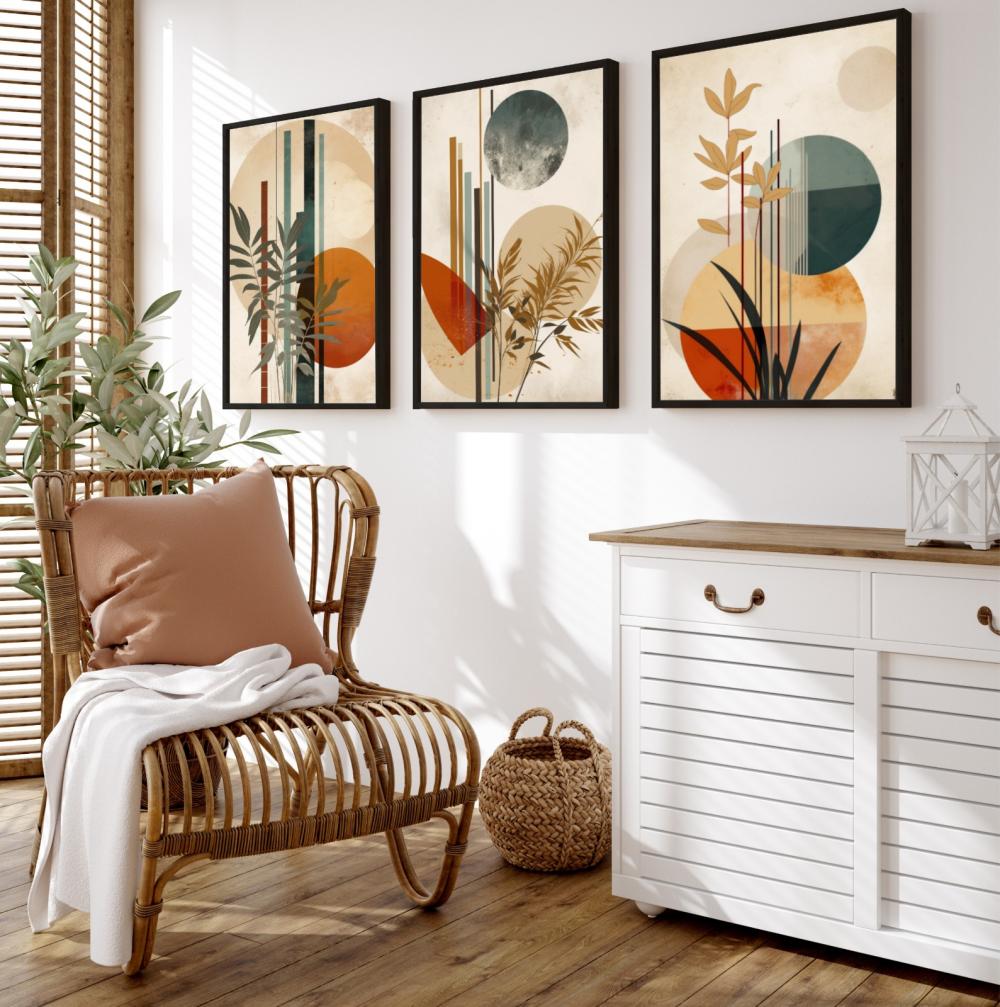 kit 3 quadro decorativo tons pastéis boho abstrato folhas verdes