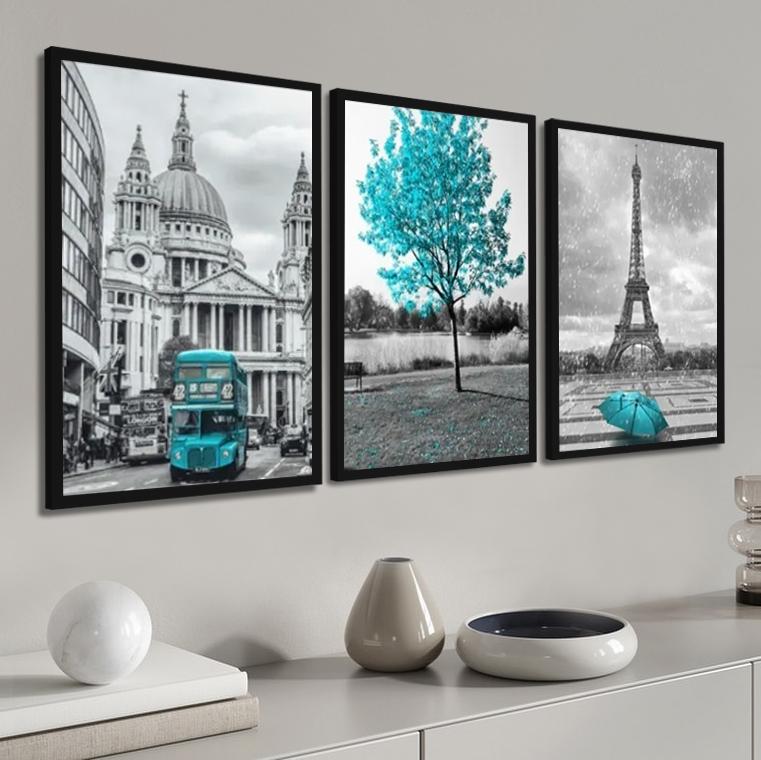 kit 3 quadro decorativo torre eiffel paris retro ipe azul bebe de