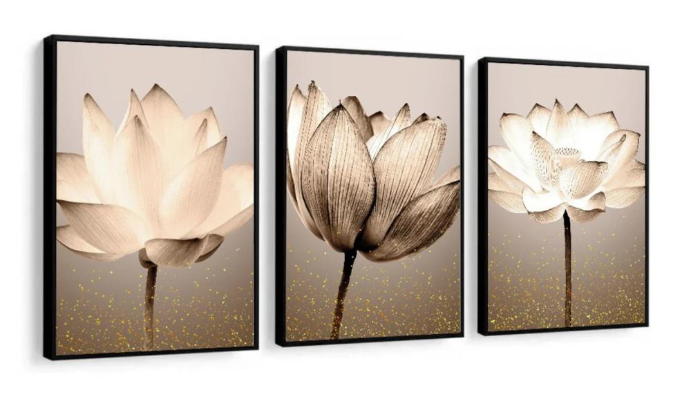 kit 3 quadro decorativo flores bege trio claras folhas tons past?