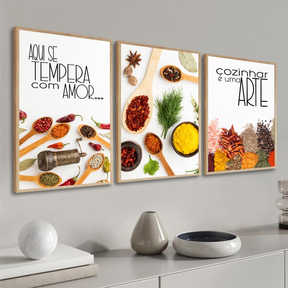 kit 3 quadro decorativo para cozinha temperos de comida chefe de 