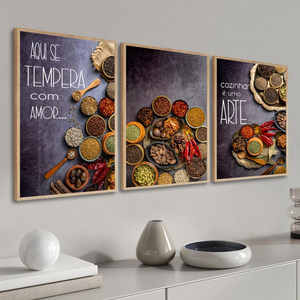 kit 3 quadro decorativo para cozinha temperos de comida chefe de 
