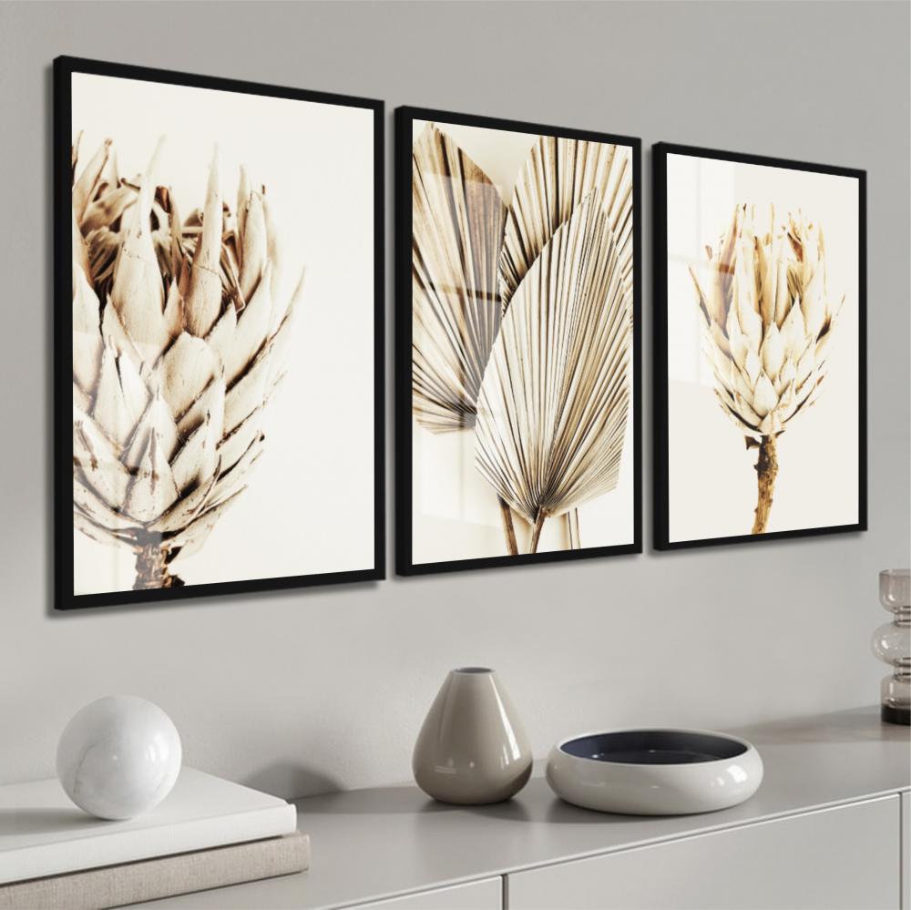 kit 3 quadro decorativo capim dos pampas galhos de trigo boho sal